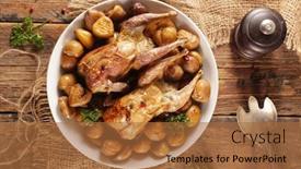  Presentation with autumn wood - Beautiful PPT theme featuring baked quail with chestnut- autumn dish on wood background backdrop and a red colored foreground