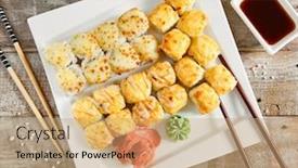  Presentation with asian chopsticks - Audience pleasing slide set consisting of baked-rolls-in-white-plate backdrop and a coral colored foreground