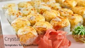  Presentation with asian chopsticks - Slide deck with baked-rolls-in-white-plate background and a red colored foreground