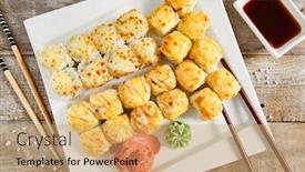  Presentation with asian chopsticks - PPT layouts having baked-rolls-in-white-plate background and a coral colored foreground