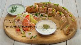  Presentation with cucumber cream - Beautiful presentation theme featuring baked-sausages-with-spring-salad backdrop and a gold colored foreground