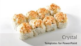  Presentation with japanese food - Slide deck with baked-shrimp-rolls-on-white background and a mint green colored foreground