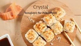  Presentation with asian chopsticks - Colorful PPT theme enhanced with baked-shrimp-rolls-on-wooden backdrop and a coral colored foreground