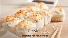  Presentation with asian chopsticks - Beautiful PPT theme featuring baked-shrimp-rolls-on-wooden backdrop and a coral colored foreground