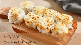  Presentation with asian chopsticks - Presentation design enhanced with baked-shrimp-rolls-on-wooden background and a coral colored foreground