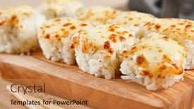  Presentation with asian chopsticks - Slides featuring baked-shrimp-rolls-on-wooden background and a coral colored foreground