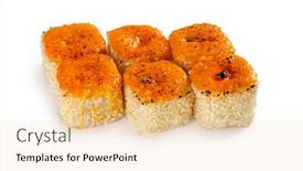  Presentation with salmon spicy - Audience pleasing presentation consisting of baked-spicy-salmon-rolls backdrop and a lemonade colored foreground