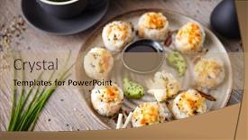  Presentation with modern food - Colorful PPT theme enhanced with baked-sushi-maki-rolls backdrop and a coral colored foreground