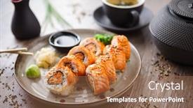  Presentation with salmon spicy - Beautiful presentation design featuring baked-sushi-maki-rolls backdrop and a tawny brown colored foreground