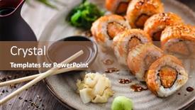  Presentation with salmon spicy - PPT layouts featuring baked-sushi-maki-rolls background and a coral colored foreground