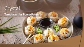  Presentation with modern food - Beautiful PPT theme featuring baked-sushi-maki-rolls backdrop and a violet colored foreground