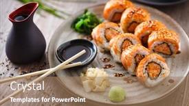  Presentation with salmon spicy - Colorful presentation design enhanced with baked-sushi-maki-rolls backdrop and a coral colored foreground