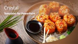  Presentation with salmon spicy - Presentation design featuring baked-sushi-maki-rolls background and a coral colored foreground