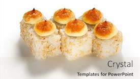  Presentation with white cheese - Presentation design enhanced with baked-sushi-with-cheese background and a soft green colored foreground