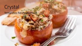 Presentation with feta cheese - Colorful PPT theme enhanced with baked tomatoes stuffed with meat rice and feta cheese backdrop and a coral colored foreground