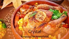  Presentation with thanksgiving dinner - PPT theme having baked vegetables on the centerpiece background and a gold colored foreground