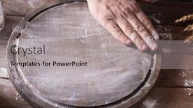  Presentation with baker kneading dough homemade bread - Slide deck enhanced with baker-male-hand-scattering-flour background and a light gray colored foreground