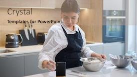  Presentation with process - Beautiful presentation theme featuring baker-reads-recipe-of-buns backdrop and a coral colored foreground