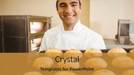  Presentation with commercial - Slide deck consisting of baker smiling at camera holding tray of rolls in a commercial kitchen background and a gold colored foreground