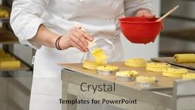  Presentation with french pastry - PPT layouts with baker-working-in-bakery-making background and a coral colored foreground