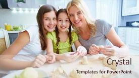  Presentation with kitchen - PPT theme featuring bakery company - female family smiling at kitchen background and a  colored foreground