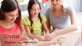  Presentation with displaying a happy mother cudd - Colorful slide deck enhanced with bakery company - portrait of happy girls backdrop and a coral colored foreground