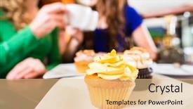  Presentation with friends eating and drinking wine - Theme consisting of bakery or pastry shop background and a lemonade colored foreground