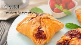  Presentation with close up puff pastry - PPT theme consisting of bakery products - tasty puff pastries on wooden background and a soft green colored foreground