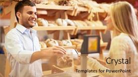  Presentation with salesman - Cool new PPT theme with bakery shop - young salesman behind the counter backdrop and a coral colored foreground