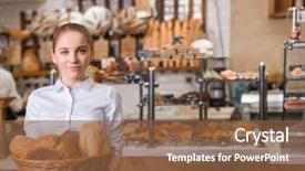  Presentation with bakery - PPT theme having bakery shop - young woman with basket background and a tawny brown colored foreground