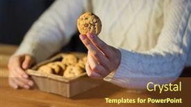  Presentation with oat - Slide deck with baking cooking people and food concept - close up of woman with oat cookies sitting at wooden table at home background and a tawny brown colored foreground