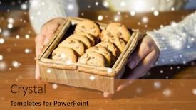  Presentation with cooking - Colorful presentation design enhanced with baking cooking people and food concept - close up of woman with oat cookies sitting at wooden table at home backdrop and a red colored foreground