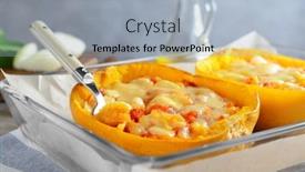  Presentation with spaghetti - Audience pleasing PPT theme consisting of baking dish with halves of stuffed spaghetti squash on table backdrop and a light blue colored foreground
