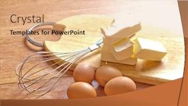  Presentation with baking cake - Slides consisting of baking-ingredients-with-eggbeater background and a coral colored foreground