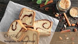  Presentation with roll cake - PPT theme with baking rack with delicious cinnamon roll cake on table background and a coral colored foreground