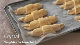 Presentation with baking - Beautiful presentation theme featuring baking sheet with raw croissants on table closeup backdrop and a violet colored foreground