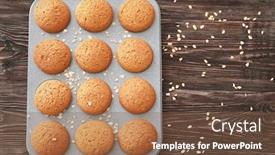  Presentation with baking cookies - Audience pleasing theme consisting of baking tray with delicious oatmeal cookies on wooden background backdrop and a tawny brown colored foreground