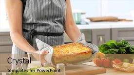  Presentation with food lasagna - Beautiful PPT theme featuring baking tray with spinach lasagna backdrop and a coral colored foreground