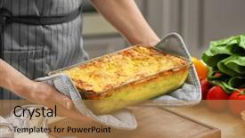  Presentation with baking equipment - Theme consisting of baking tray with spinach lasagna background and a coral colored foreground