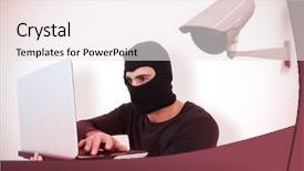  Presentation with cctv camera - Beautiful presentation design featuring balaclava holding laptop against cctv backdrop and a sky blue colored foreground