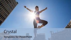  Presentation with stretching - Slide deck with balance bar - athletic woman balancing on bollard background and a light blue colored foreground