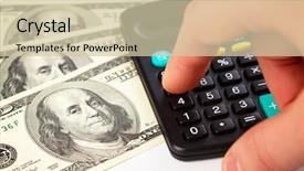  Presentation with calculator - PPT layouts featuring balance budget - calculator and few hundred dollars background and a soft green colored foreground