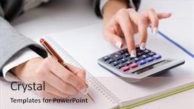  Presentation with budget - Colorful slide set enhanced with balance budget - hands working on the calculator backdrop and a coral colored foreground