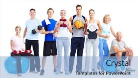  Presentation with group fitness - Beautiful presentation design featuring balance exercise - group of fitness people isolated backdrop and a light blue colored foreground