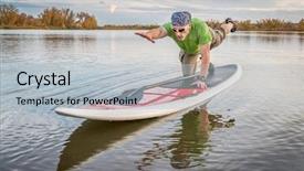  Presentation with stretching - Slide deck consisting of balance exercise - senior male stretching and warming background and a  colored foreground