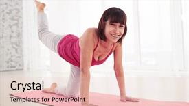  Presentation with posture - Presentation theme consisting of one leg balance - close-up of happy caucasian woman background and a lemonade colored foreground