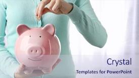  Presentation with accounting financial bank banking account - Colorful theme enhanced with balance payment - woman putting euro coin backdrop and a sky blue colored foreground