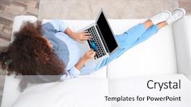  Presentation with credit card - PPT layouts featuring balance payment - woman using credit card background and a sky blue colored foreground