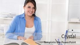  Presentation with release - Presentation enhanced with balance sheet - smiling young woman at desk background and a  colored foreground