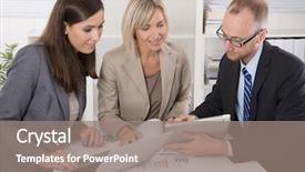  Presentation with team meeting - Slides having balance sheet - team of three business people background and a gray colored foreground